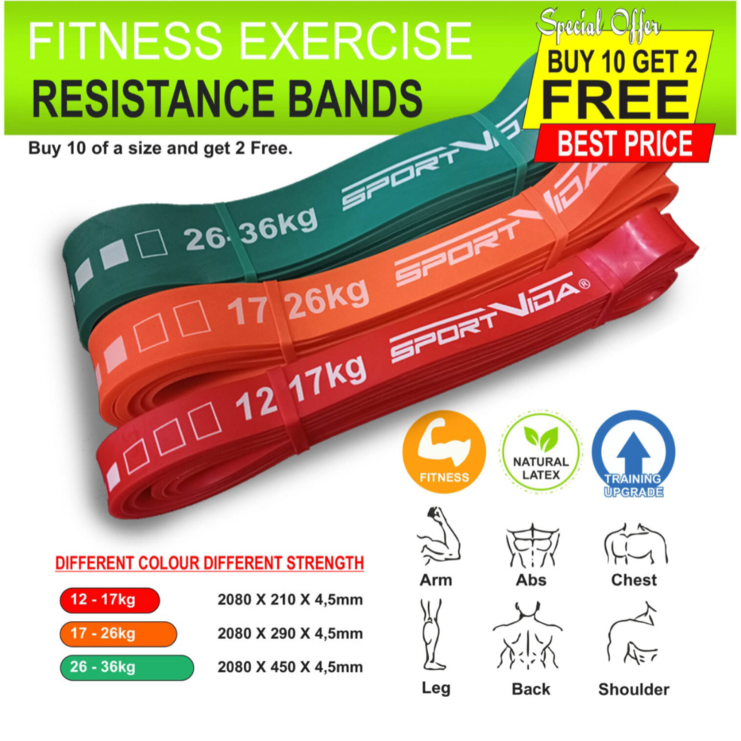 W37 Fitness Exercise Resistance Bands – Set of 10 of the same size + 2 Free  of the same size – Orbit Sports